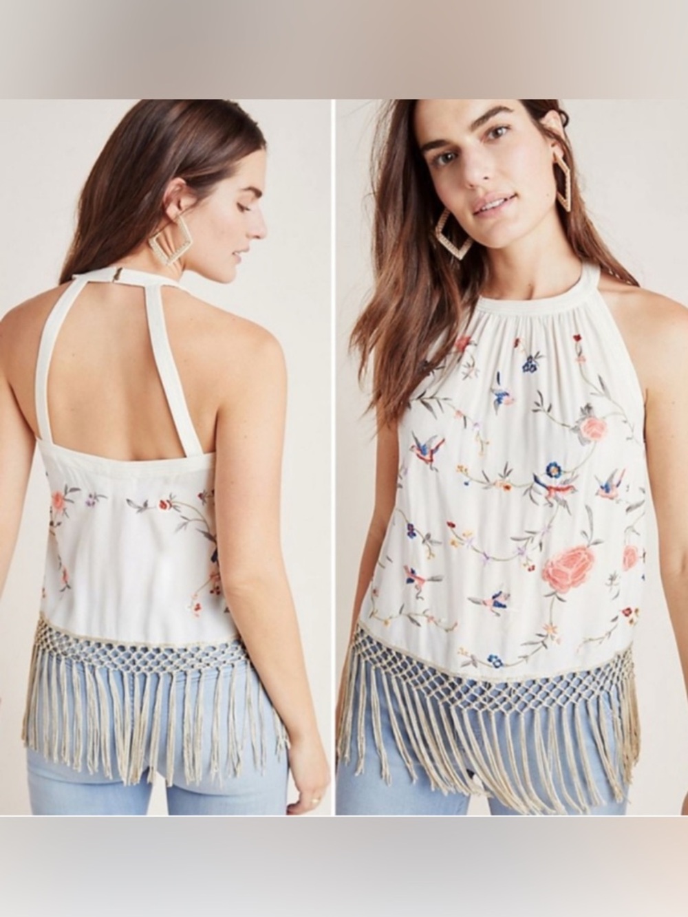 Anthropologie Gatsby Embroidered Floral Bird Fringe Boho Top Size 16